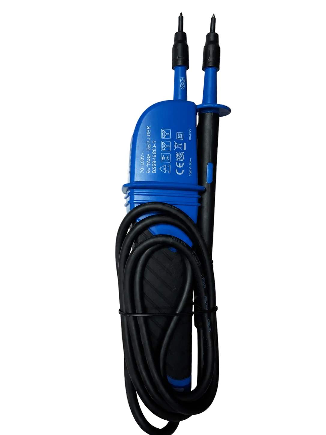 Blue electronic device with black cable on a white background
